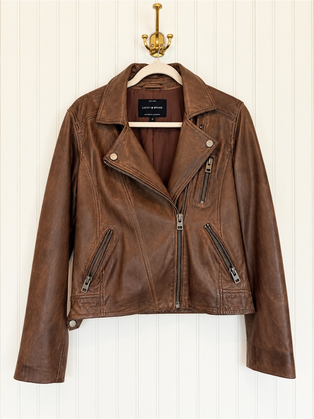 Lucky Brand Distressed Brown Genuine Leather Moto Jacket Women’s S